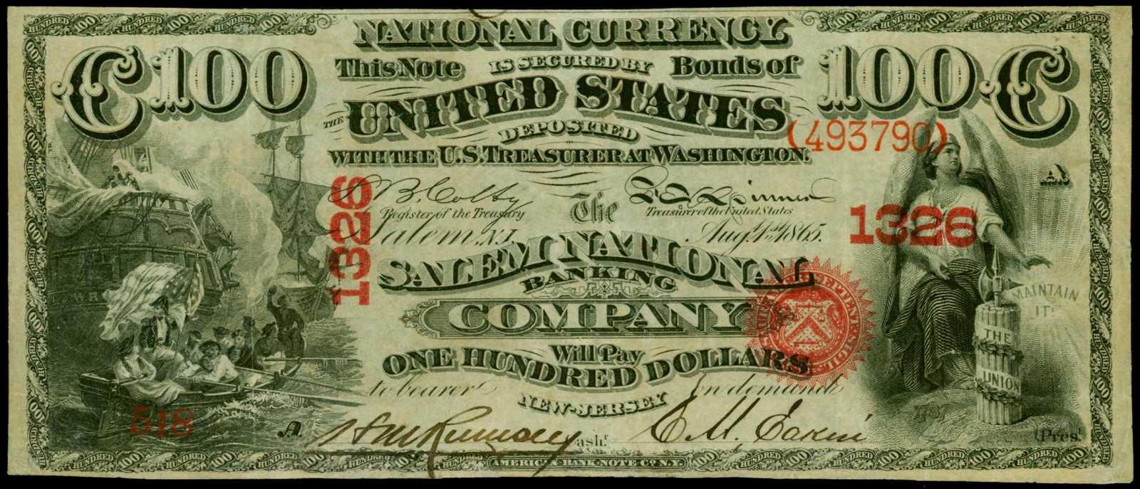 image for: Salem, New Jersey. $100  Original. Fr. 454a. The Salem National Banking Company. Charter #1326. PMG Choice Very Fine 35 Net. Restoration.