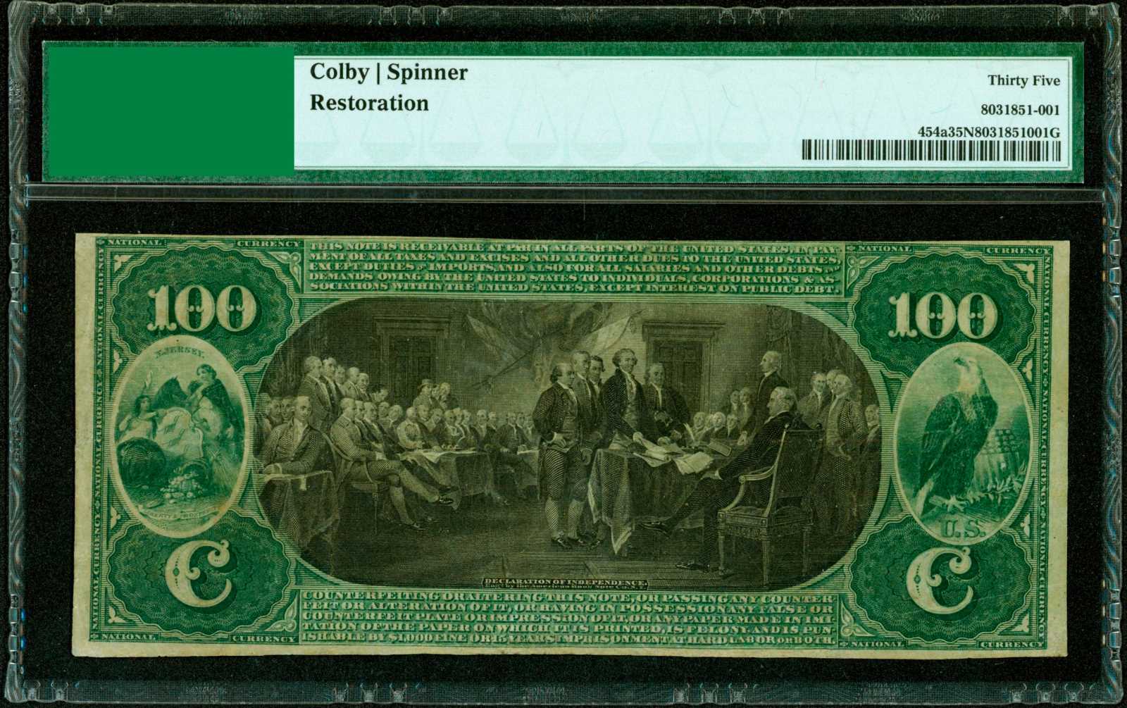 image for: Salem, New Jersey. $100  Original. Fr. 454a. The Salem National Banking Company. Charter #1326. PMG Choice Very Fine 35 Net. Restoration.