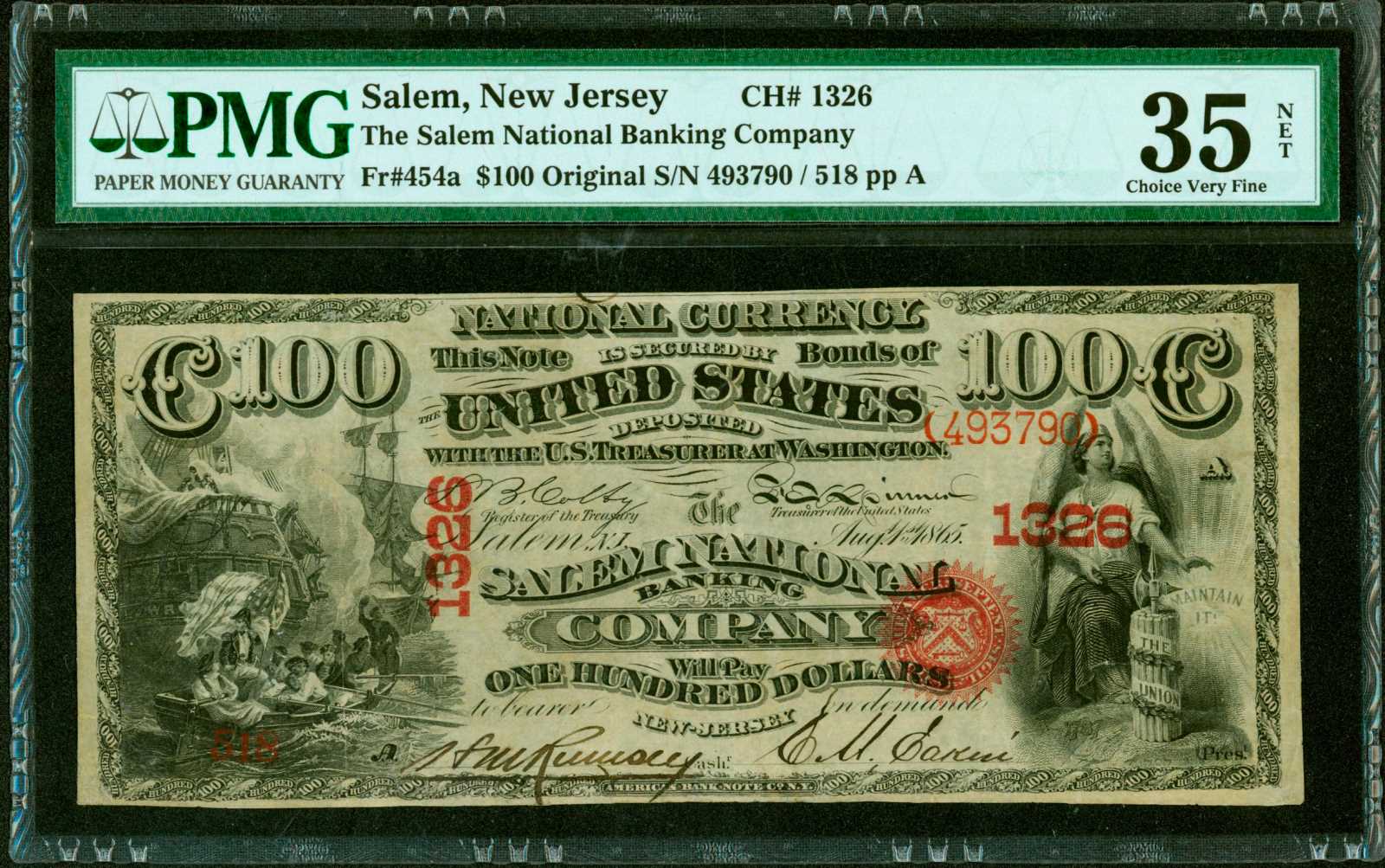 image for: Salem, New Jersey. $100  Original. Fr. 454a. The Salem National Banking Company. Charter #1326. PMG Choice Very Fine 35 Net. Restoration.