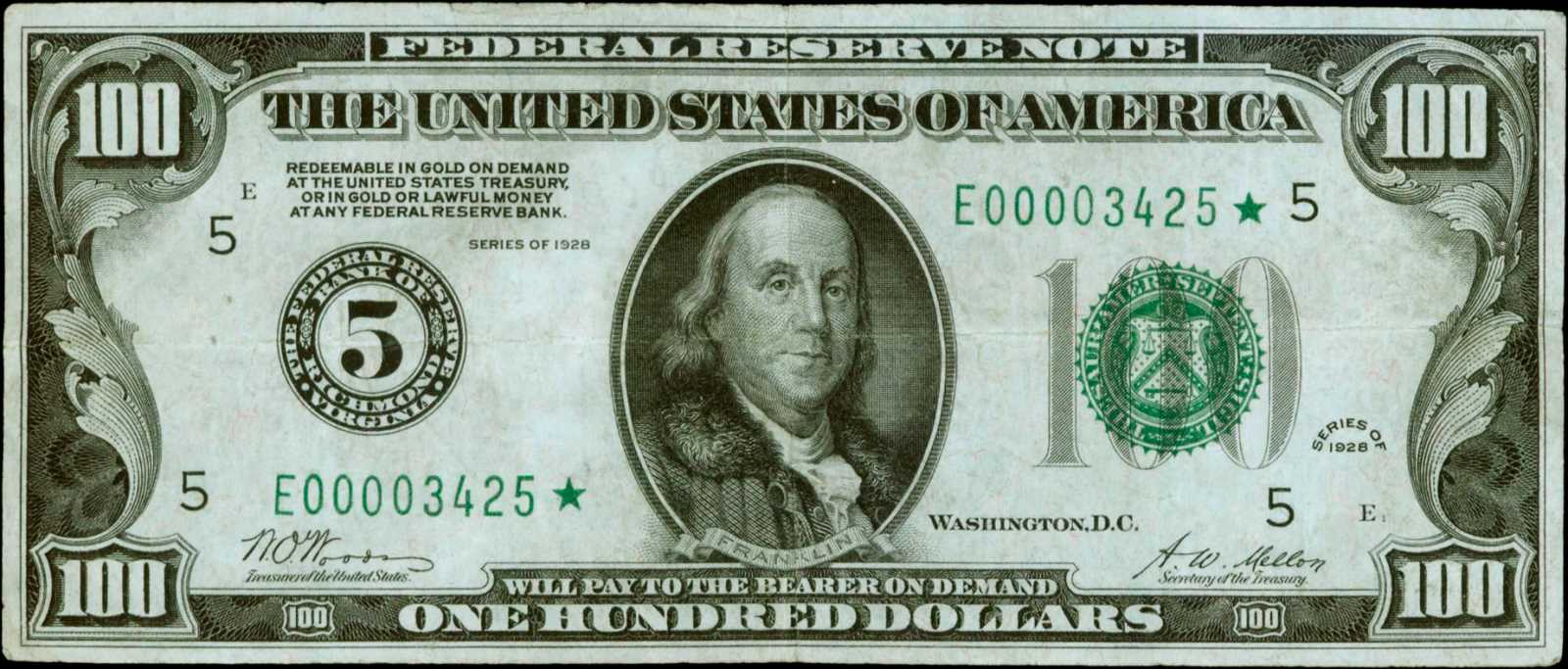 image for: Fr. 2150-E*. 1928 $100 Federal Reserve Star Note. Richmond. PMG Very Fine 30.