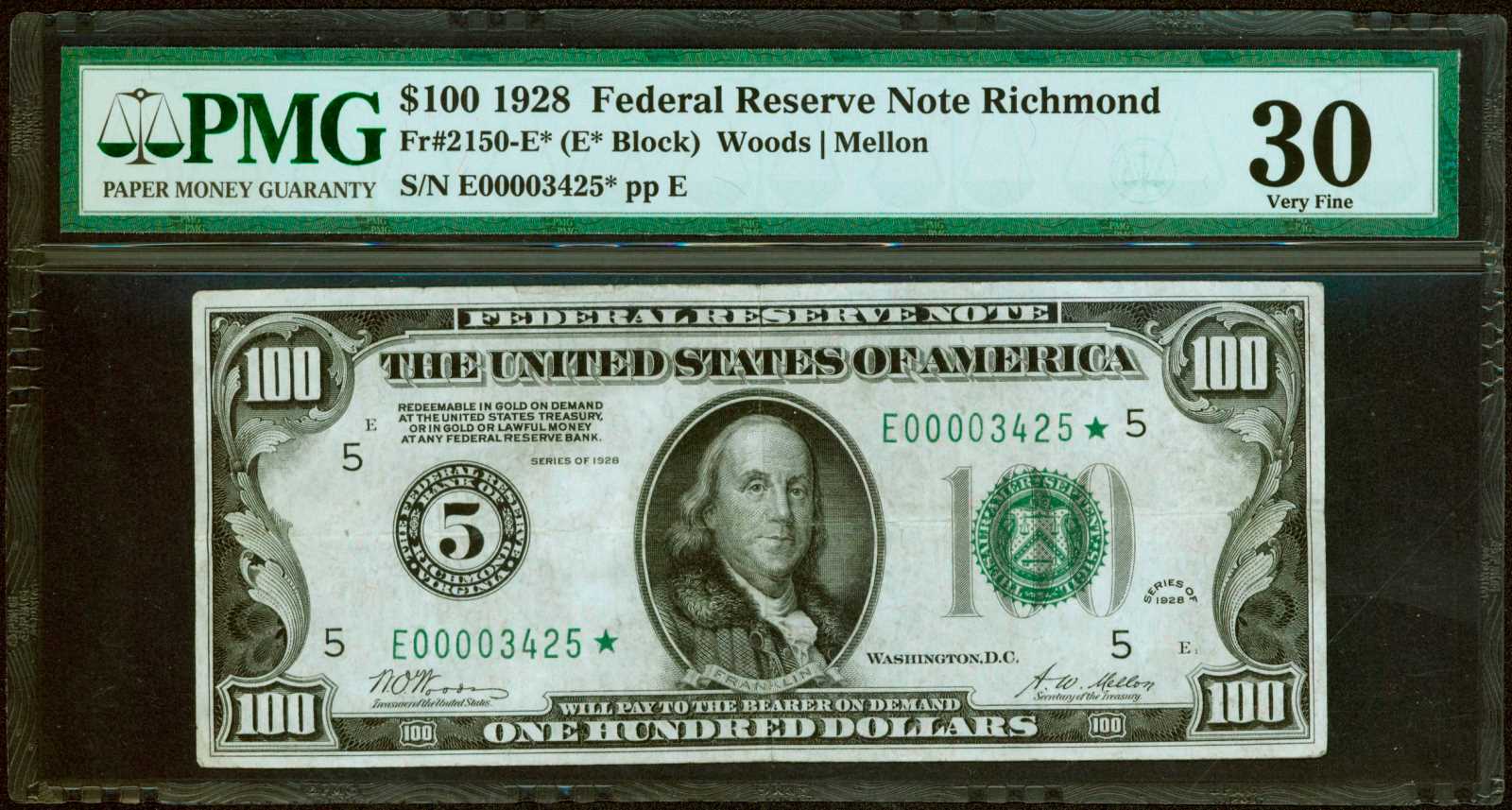 image for: Fr. 2150-E*. 1928 $100 Federal Reserve Star Note. Richmond. PMG Very Fine 30.