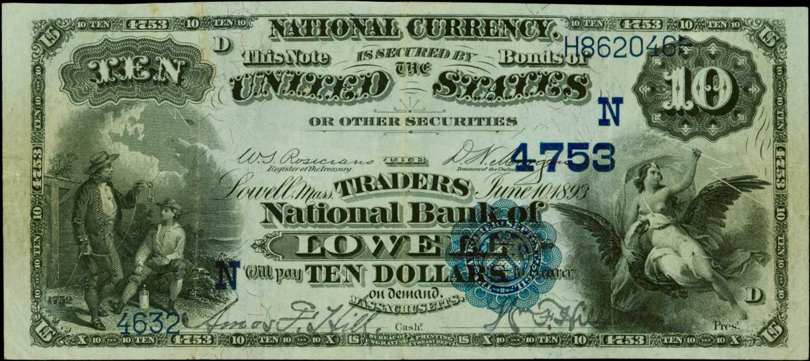 image for: Lowell, Massachusetts. $10  1882 Date Back. Fr. 541. The Traders NB. Charter #4753. PMG Choice Very Fine 35.