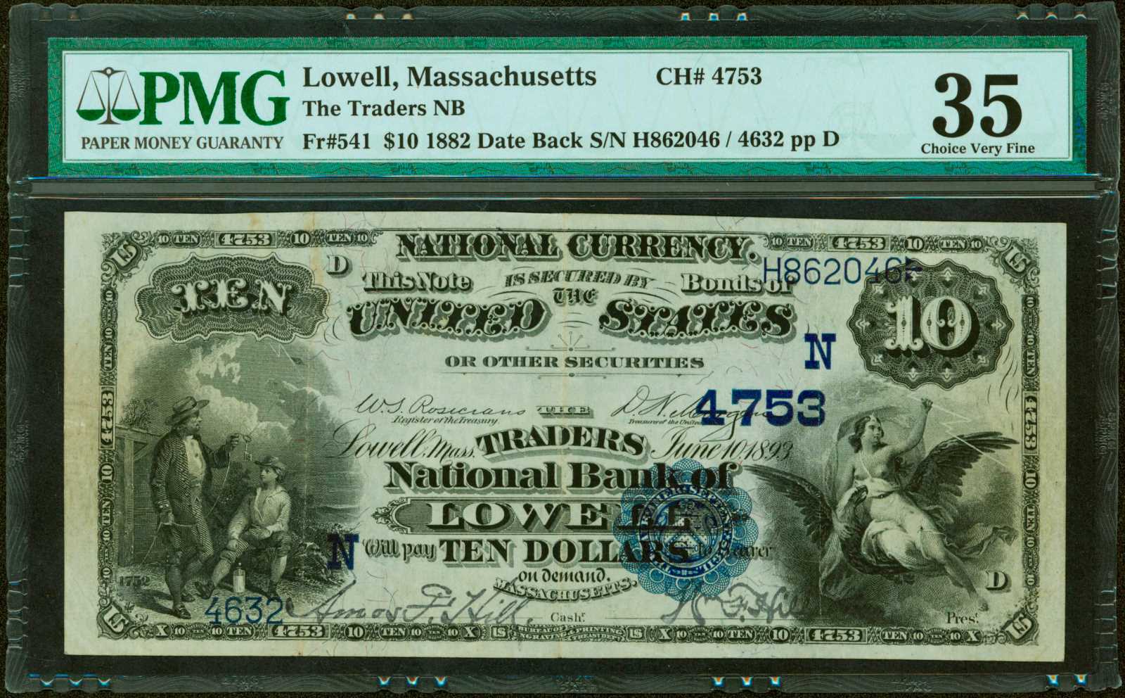 image for: Lowell, Massachusetts. $10  1882 Date Back. Fr. 541. The Traders NB. Charter #4753. PMG Choice Very Fine 35.