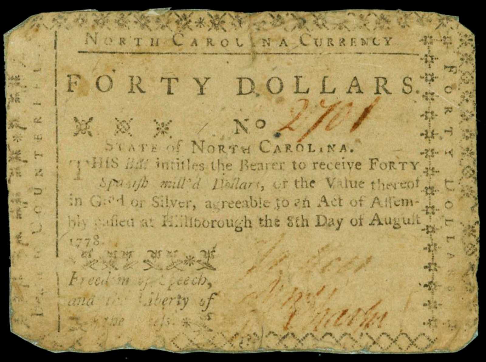 image for: NC-180. North Carolina. August 8, 1778. $40. PCGS Very Fine 20. Apparent. Splits and Tears; Tape Repairs.