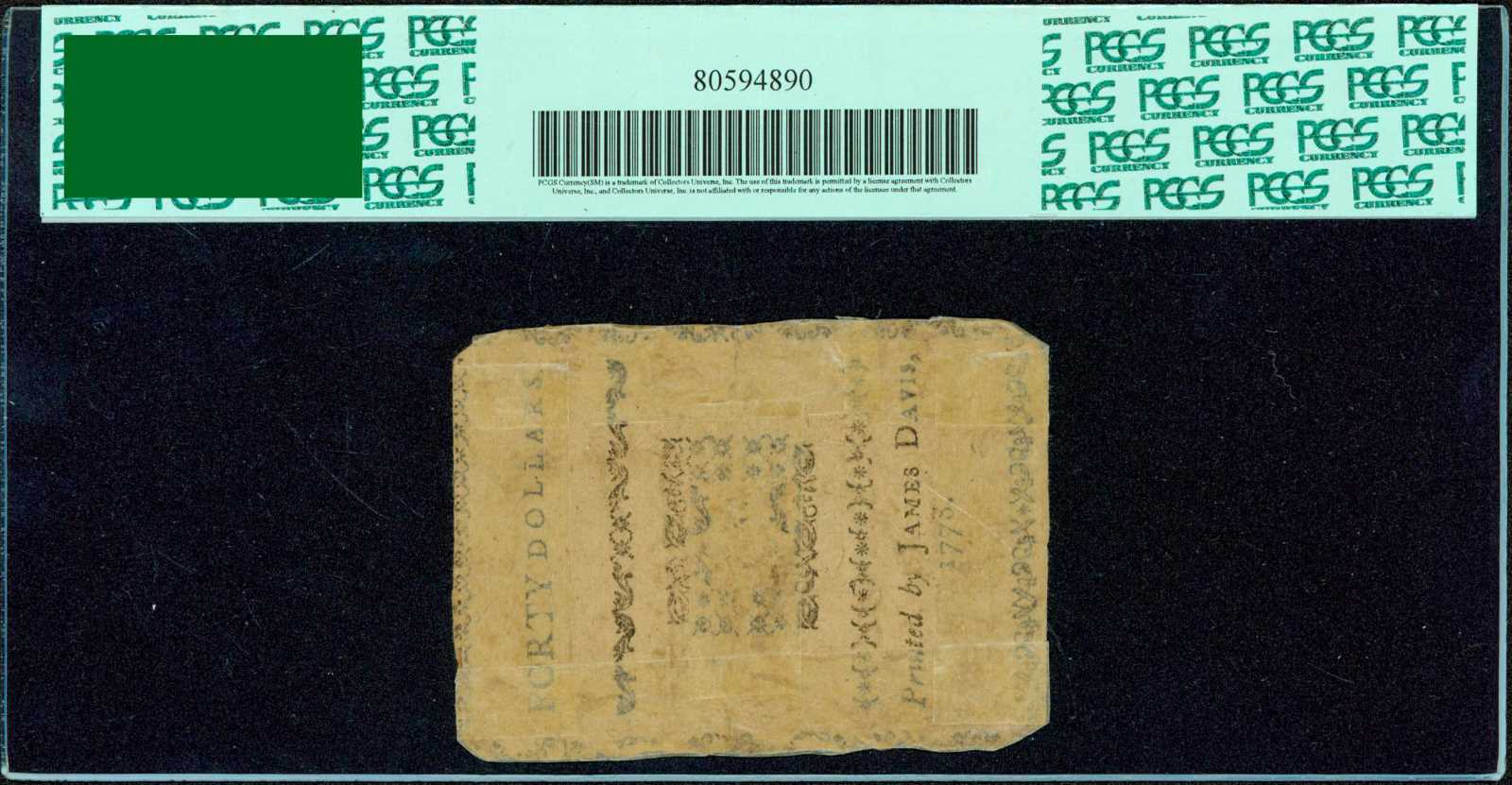 image for: NC-180. North Carolina. August 8, 1778. $40. PCGS Very Fine 20. Apparent. Splits and Tears; Tape Repairs.