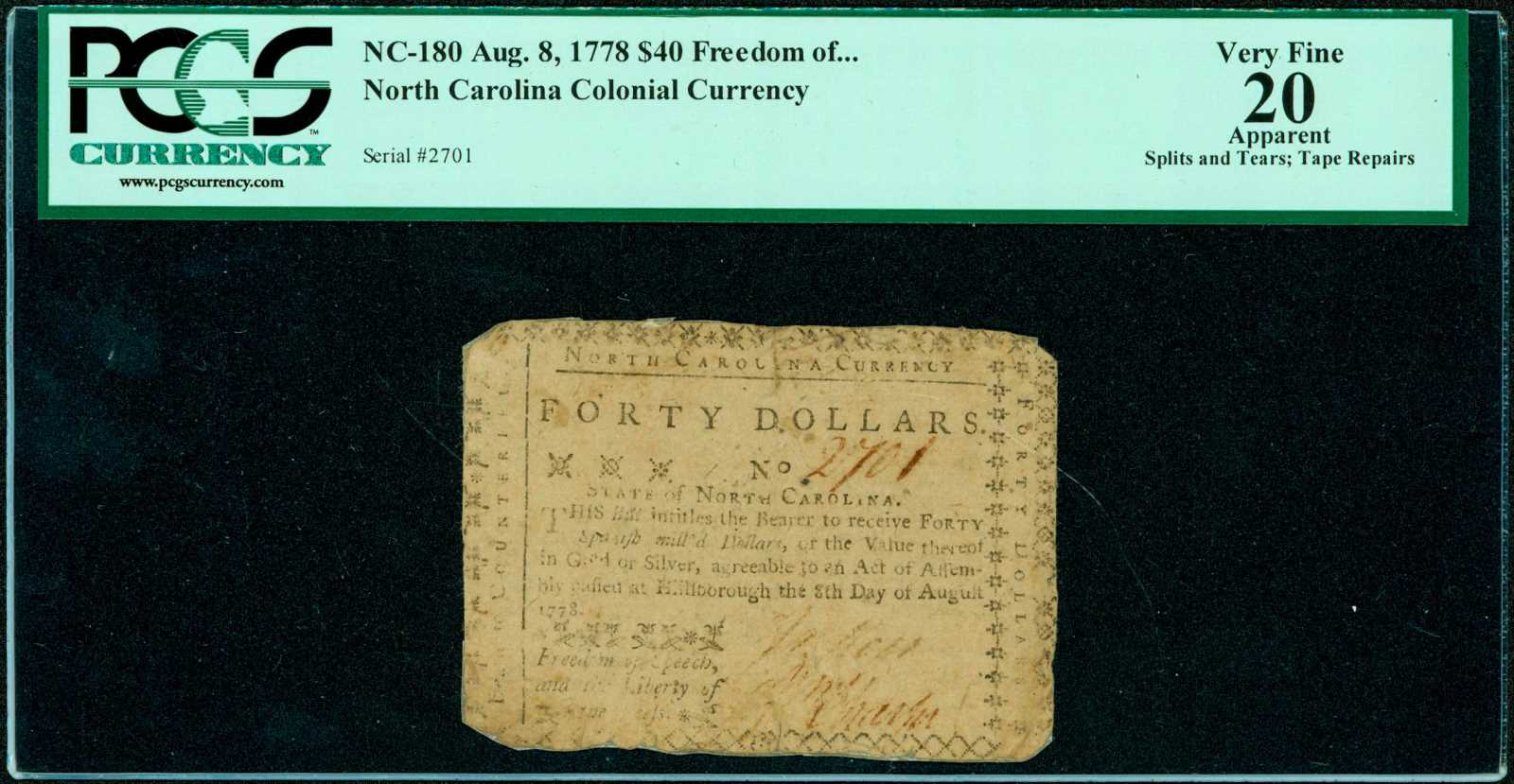 image for: NC-180. North Carolina. August 8, 1778. $40. PCGS Very Fine 20. Apparent. Splits and Tears; Tape Repairs.
