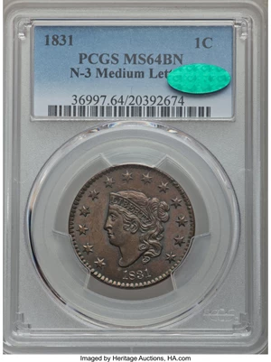 image for: 1831 1C Medium Letters, N-3, R.1, MS64 Brown PCGS. CAC....
