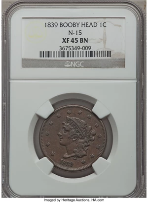 image for: 1839 1C Booby Head, N-15, Low R.6, XF45 NGC....