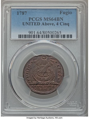 image for: 1787 1C Fugio Cent, UNITED Above MS64 Brown PCGS. Newman 11-A, W-6780, R.6....