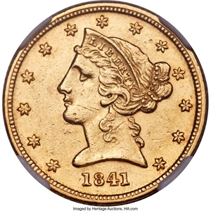 image for: 1841-D $5 Medium D AU53 NGC. Variety 5-B....
