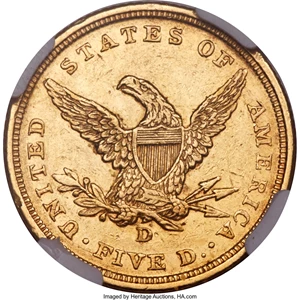 image for: 1841-D $5 Medium D AU53 NGC. Variety 5-B....