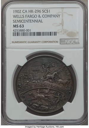 image for: 1902 Wells Fargo & Company Semicentennial MS63 NGC. HK-296. Silver, R.5. The original box accompanies the lot....