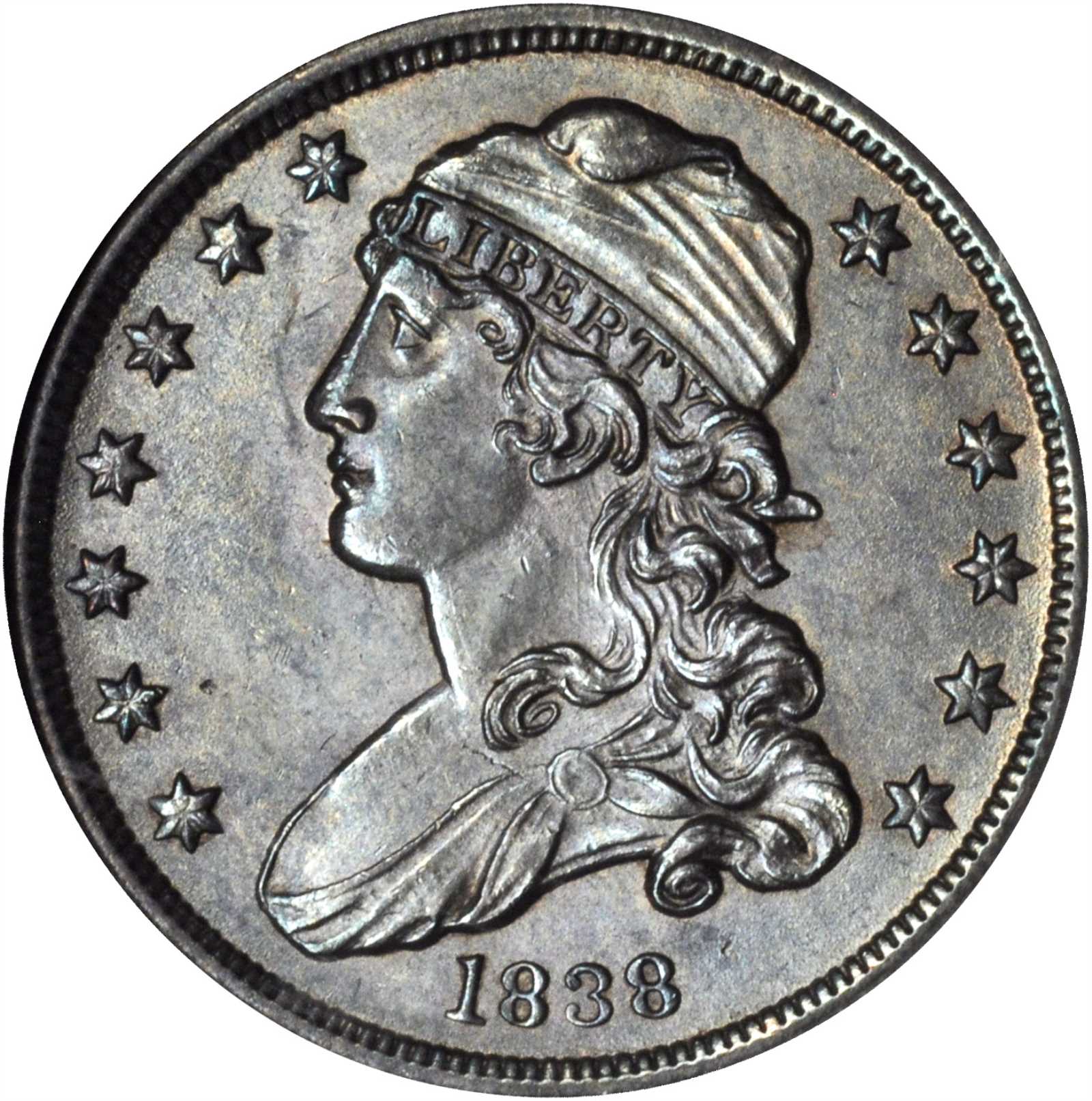 1838 Capped Bust Quarter. B-1, the only known dies. Rarity-1. MS-61 (ANACS). OH.