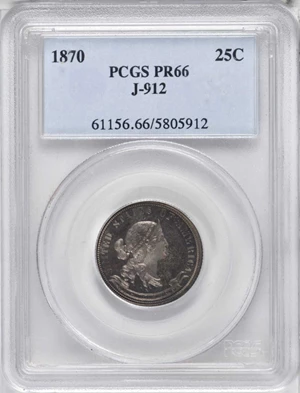 image for: 1870 Pattern Quarter Dollar. Judd-912, Pollock-1008. Rarity-6+. Silver. Reeded Edge. Proof-66 (PCGS).
