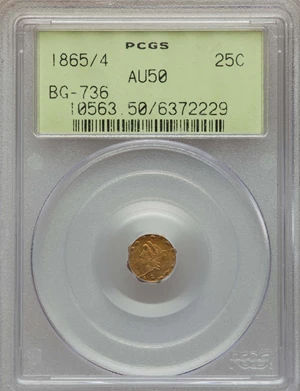 image for: 1865/4 25C Liberty Head Octagonal 25 Cents, BG-736, Low R.6, AU50 PCGS. PCGS Population (3/18). NGC Census: (0/5). ...