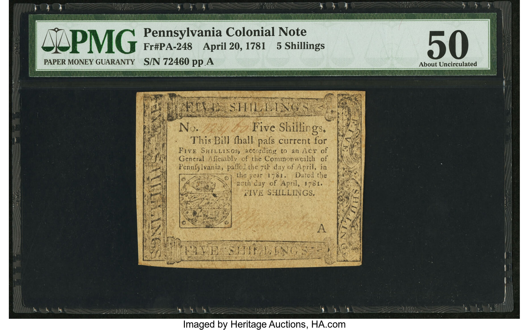 image for: Pennsylvania April 20, 1781 5s PMG About Uncirculated 50....