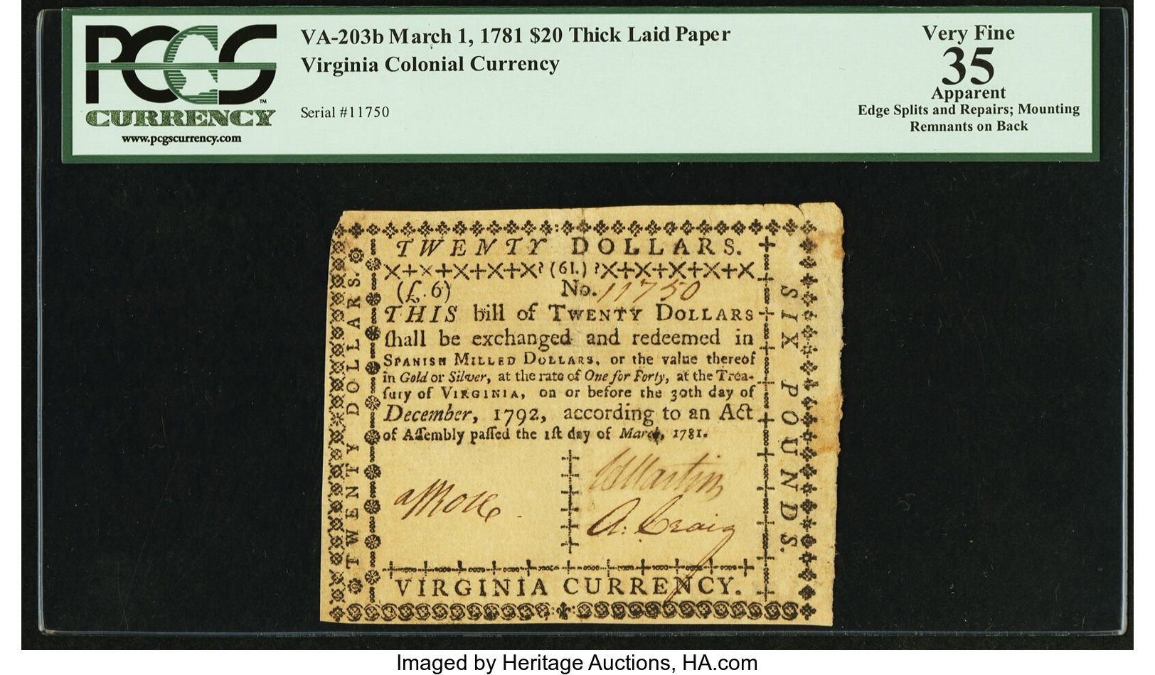 image for: Virginia March 1, 1781 $20 printed on thick laid paper PCGS Apparent Very Fine 35....