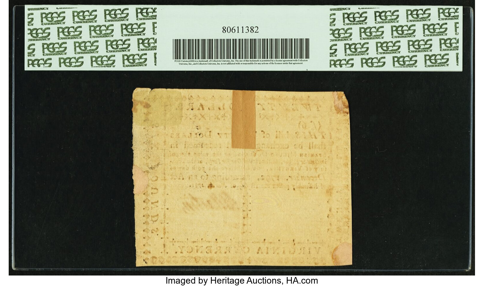 image for: Virginia March 1, 1781 $20 printed on thick laid paper PCGS Apparent Very Fine 35....