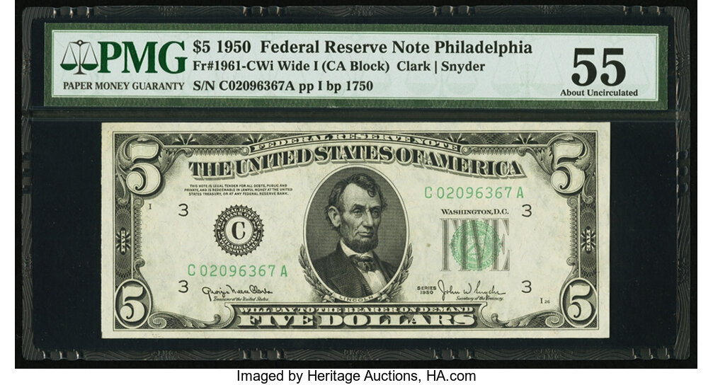 image for: Fr. 1961-C $5 1950 Wide Federal Reserve Note. PMG About Uncirculated 55....