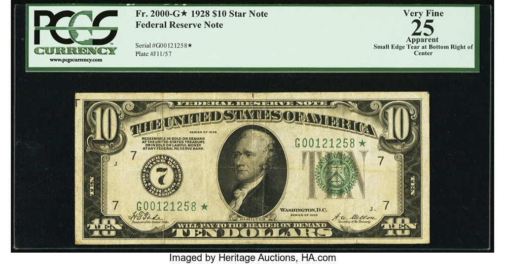 image for: Fr. 2000-G* $10 1928 Federal Reserve Star Note. PCGS Apparent Very Fine 25....