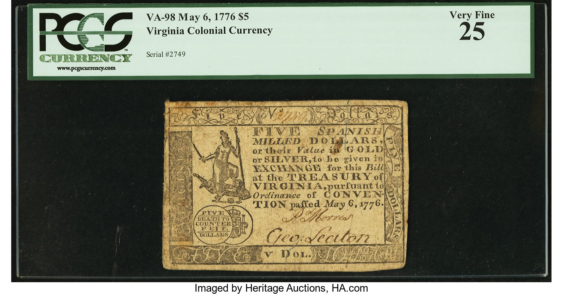 image for: Virginia May 6, 1776 $5 PCGS Very Fine 25....