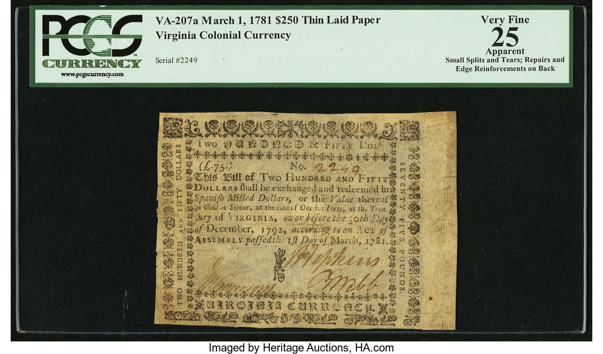 image for: Virginia March 1, 1781 $250 printed on thin laid paper PCGS Apparent Very Fine 25....