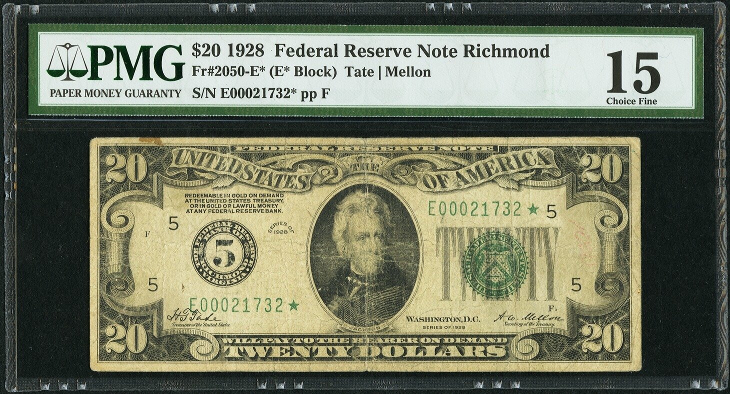 image for: Fr. 2050-E* $20 1928 Federal Reserve Star Note. PMG Choice Fine 15....