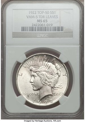 image for: 1922 $1 Tripled Leaves, VAM-5, MS65 NGC. TOP-50. NGC Census: (0/0). PCGS Population (1/0)....