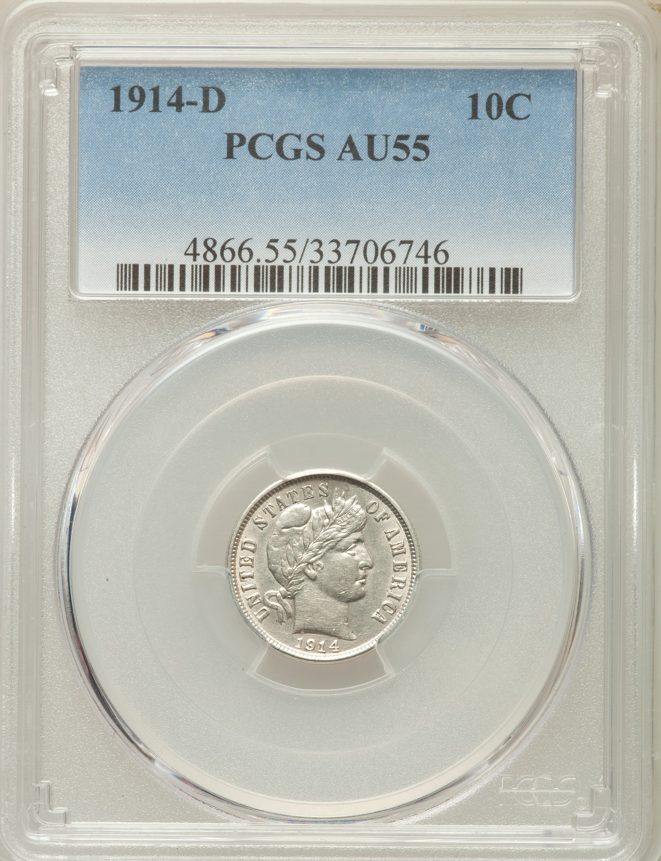 1914-D 10C AU55 PCGS. PCGS Population (49/505). NGC Census: (27/427). Mintage: 11,908,000. ...