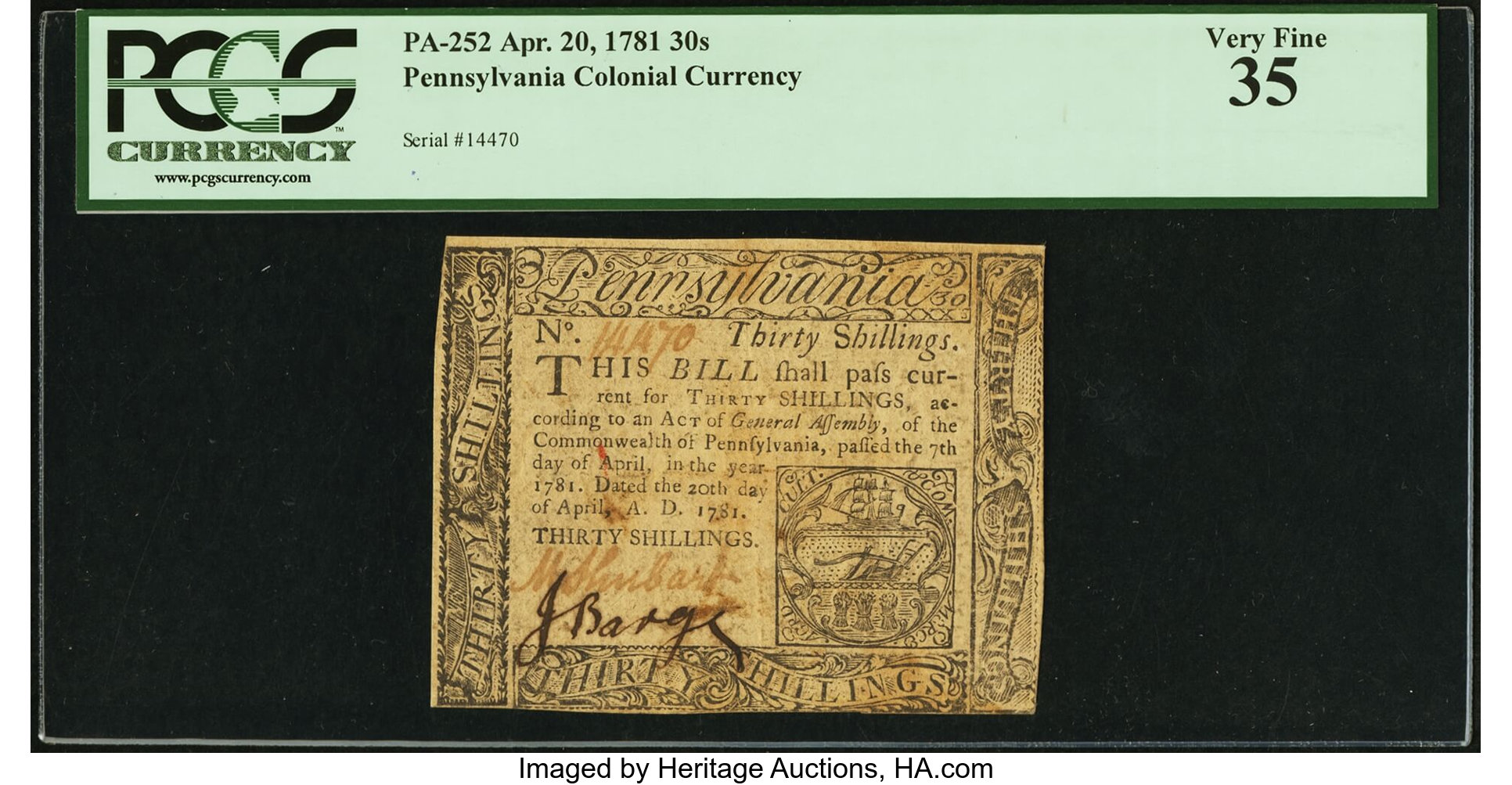 image for: Pennsylvania April 20, 1781 30s PCGS Very Fine 35....