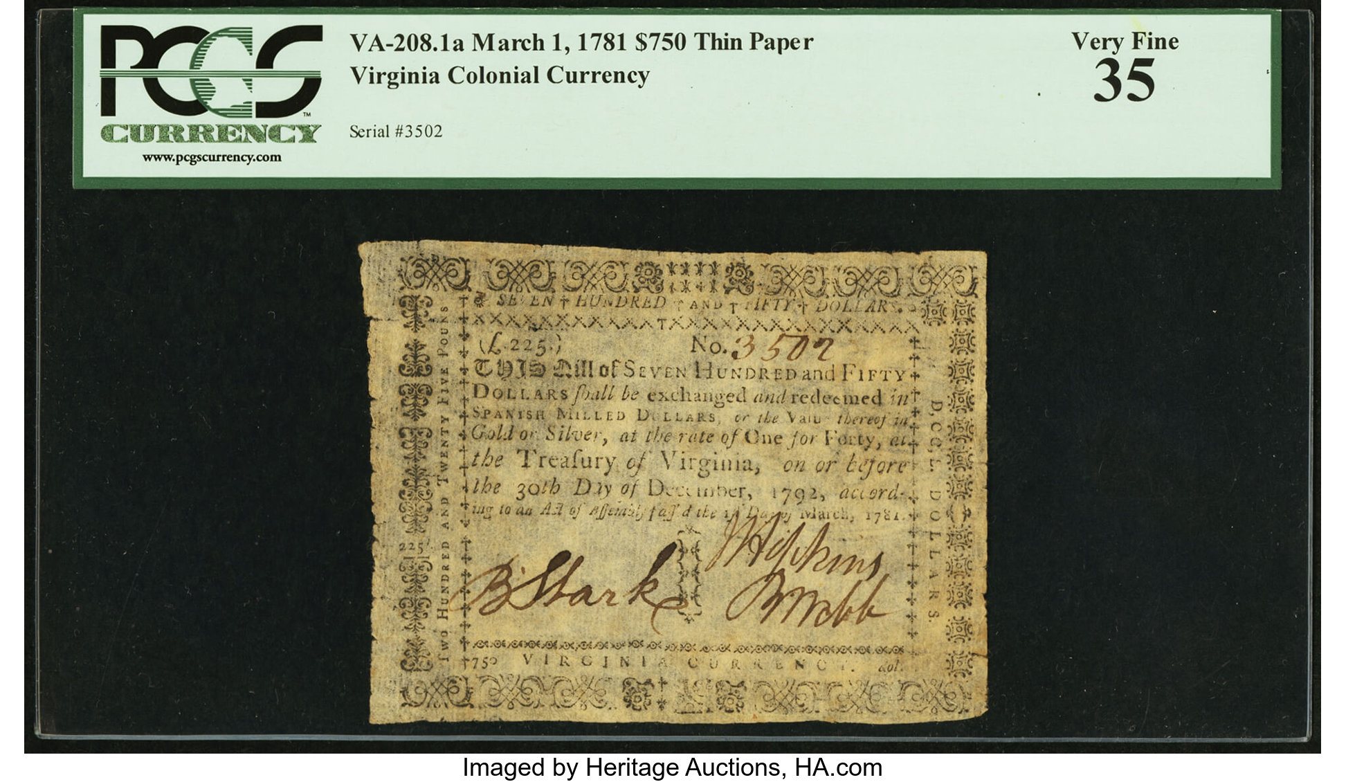 image for: Virginia March 1, 1781 $750 printed on thin laid paper PCGS Very Fine 35....