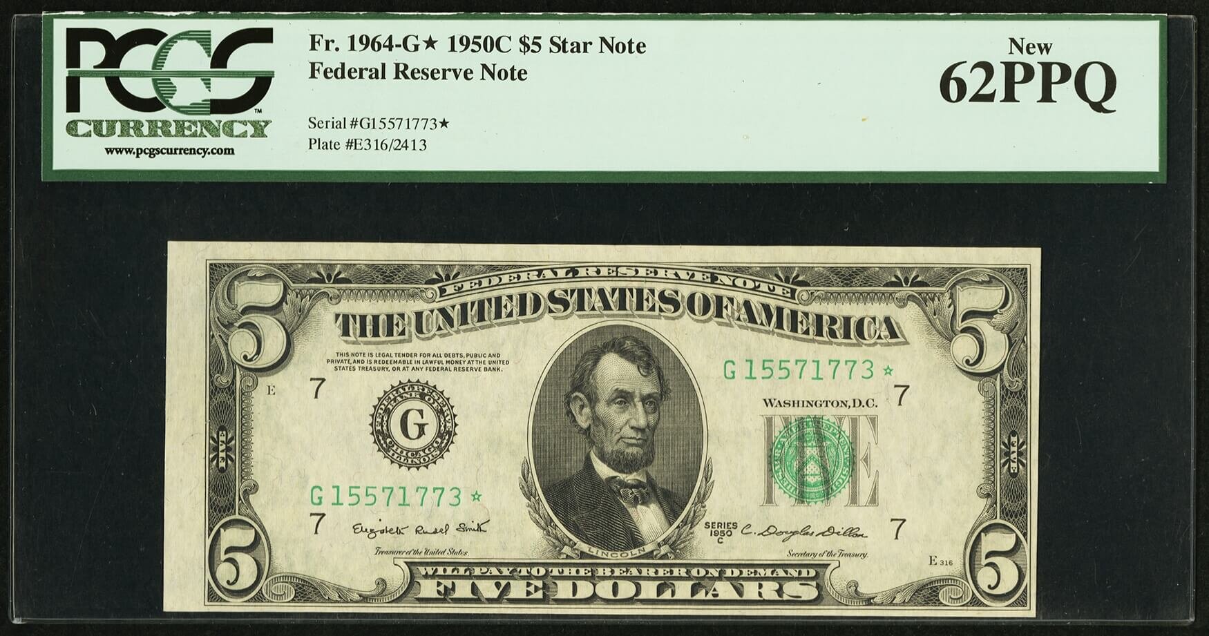 image for: Fr. 1964-G* $5 1950C Federal Reserve Star Note. PCGS New 62PPQ....