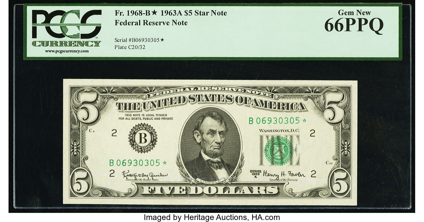 image for: Fr. 1968-B* $5 1963A Federal Reserve Star Note. PCGS Gem New 66PPQ....