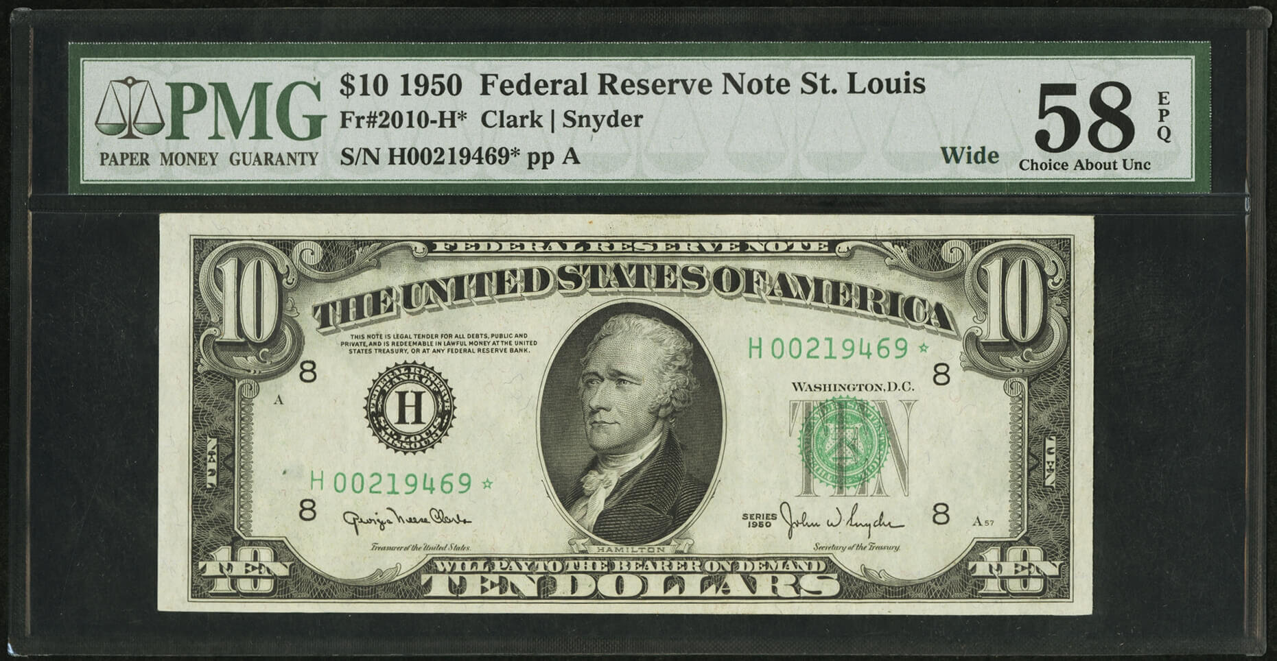 image for: Fr. 2010-H* $10 Wide 1950 Federal Reserve Star Note. PMG Choice About Unc 58 EPQ....