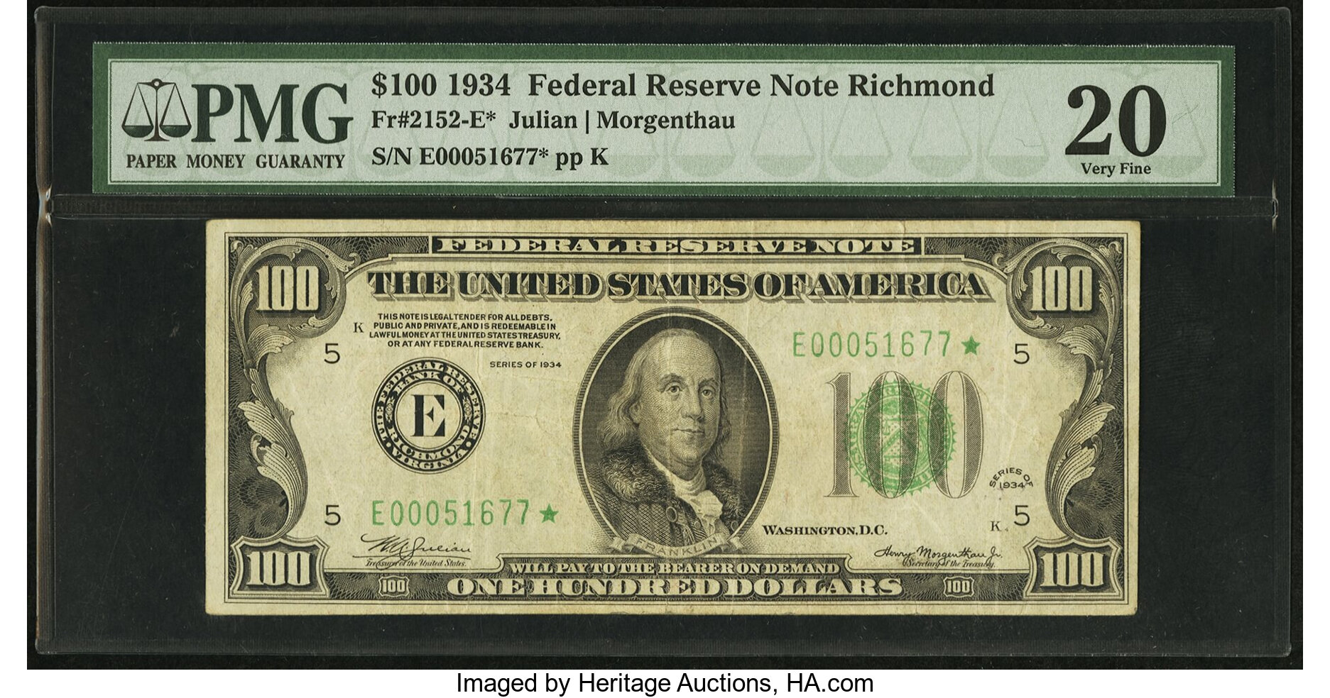 image for: Fr. 2152-E* $100 1934 Dark Green Seal Federal Reserve Star Note. PMG Very Fine 20....
