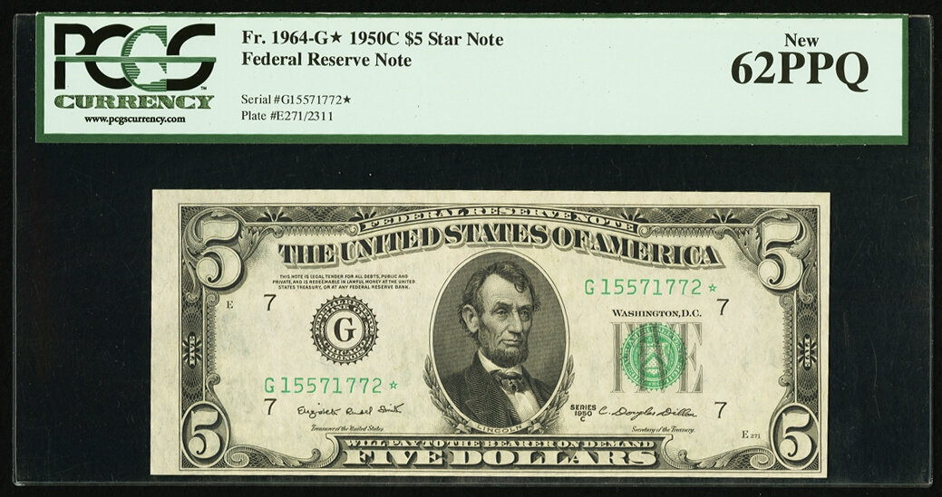 image for: Fr. 1964-G* $5 1950C Federal Reserve Star Note. PCGS New 62PPQ....