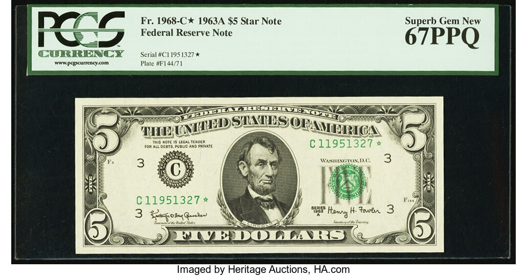 image for: Fr. 1968-C* $5 1963A Federal Reserve Star Note. PCGS Superb Gem New 67PPQ....