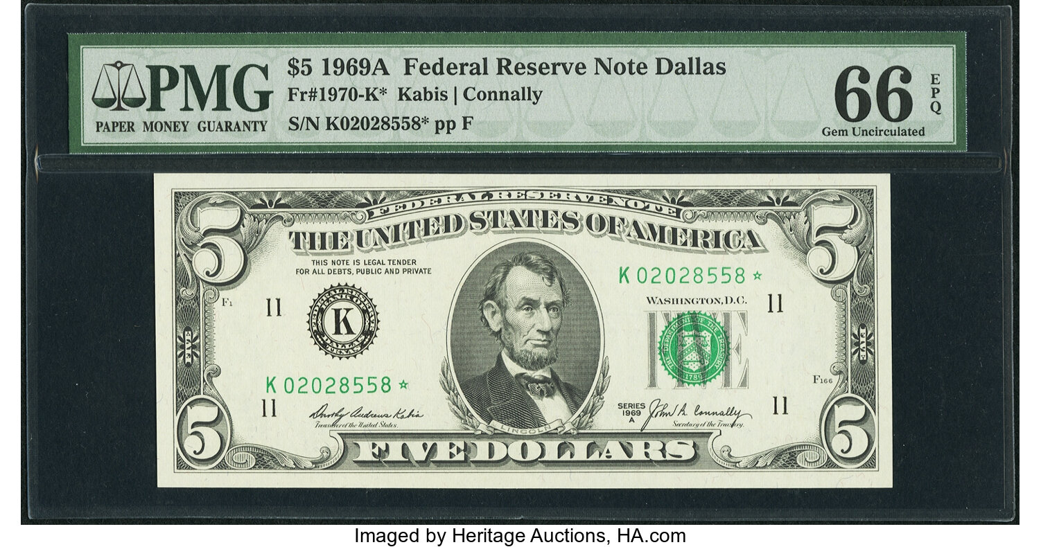 image for: Fr. 1970-K* $5 1969A Federal Reserve Star Note. PMG Gem Uncirculated 66 EPQ....