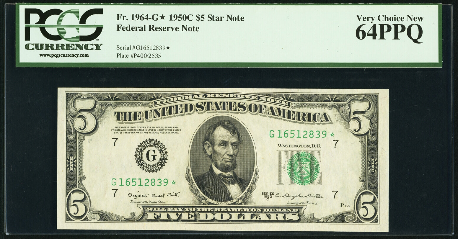 image for: Fr. 1964-G* $5 1950C Federal Reserve Star Note. PCGS Very Choice New 64PPQ....