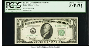 image for: Fr. 2011-G* $10 1950A Federal Reserve Star Note. PCGS Choice About New 58PPQ....