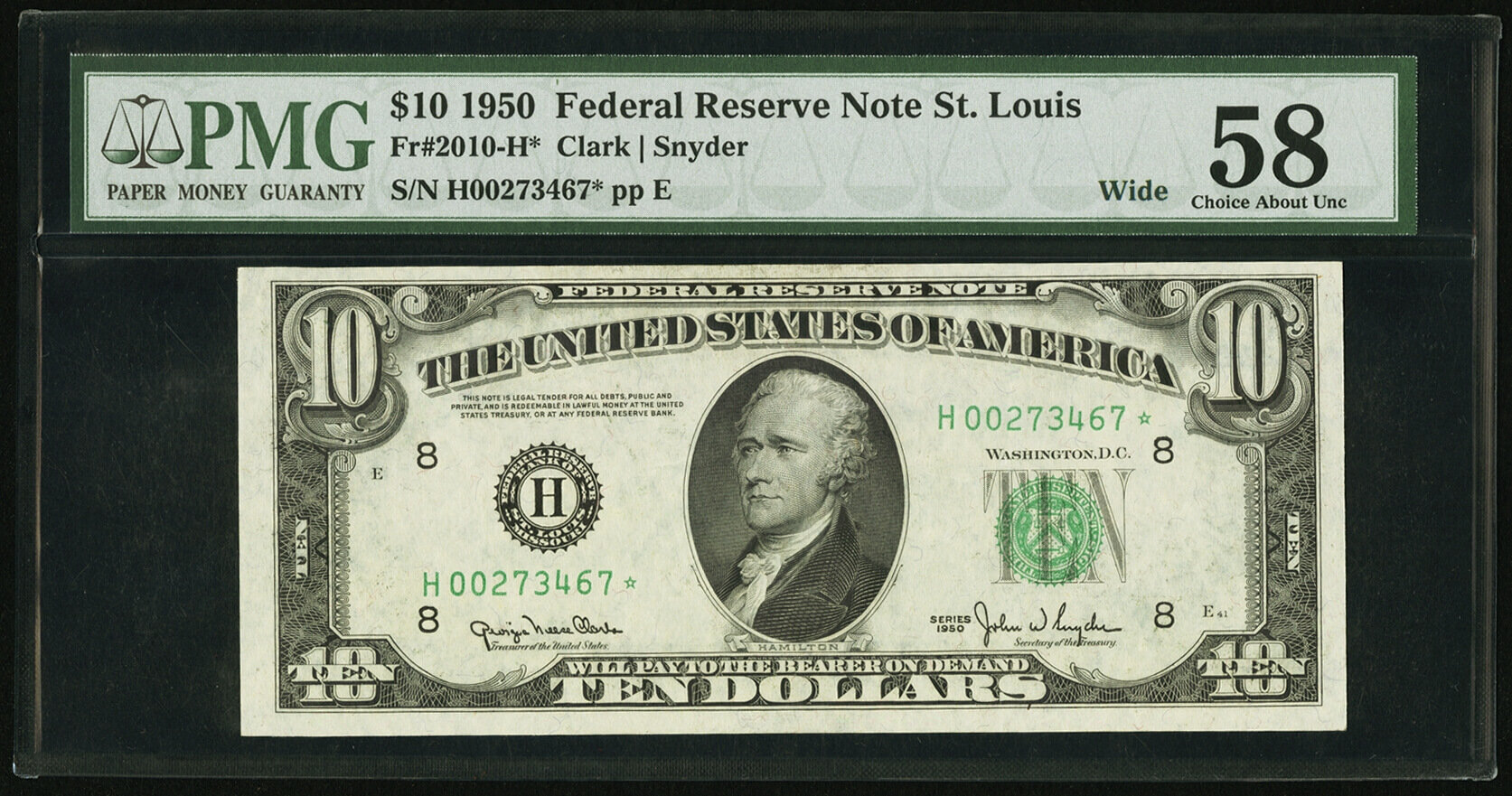 image for: Fr. 2010-H* $10 1950 Wide Federal Reserve Star Note. PMG Choice About Unc 58....