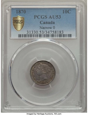 image for: Victoria "Narrow 0" 10 Cents 1870 AU53 PCGS