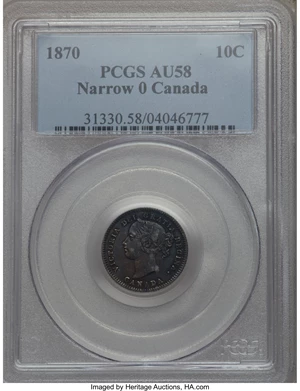 image for: Victoria "Narrow 0" 10 Cents 1870 AU58 PCGS