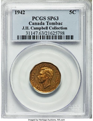image for: George VI tombac 5 Cents 1942 SP63 PCGS