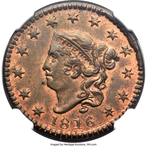 image for: 1816 1C N-2, R.1, MS64+ Red and Brown NGC. CAC....