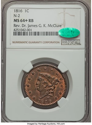 image for: 1816 1C N-2, R.1, MS64+ Red and Brown NGC. CAC....