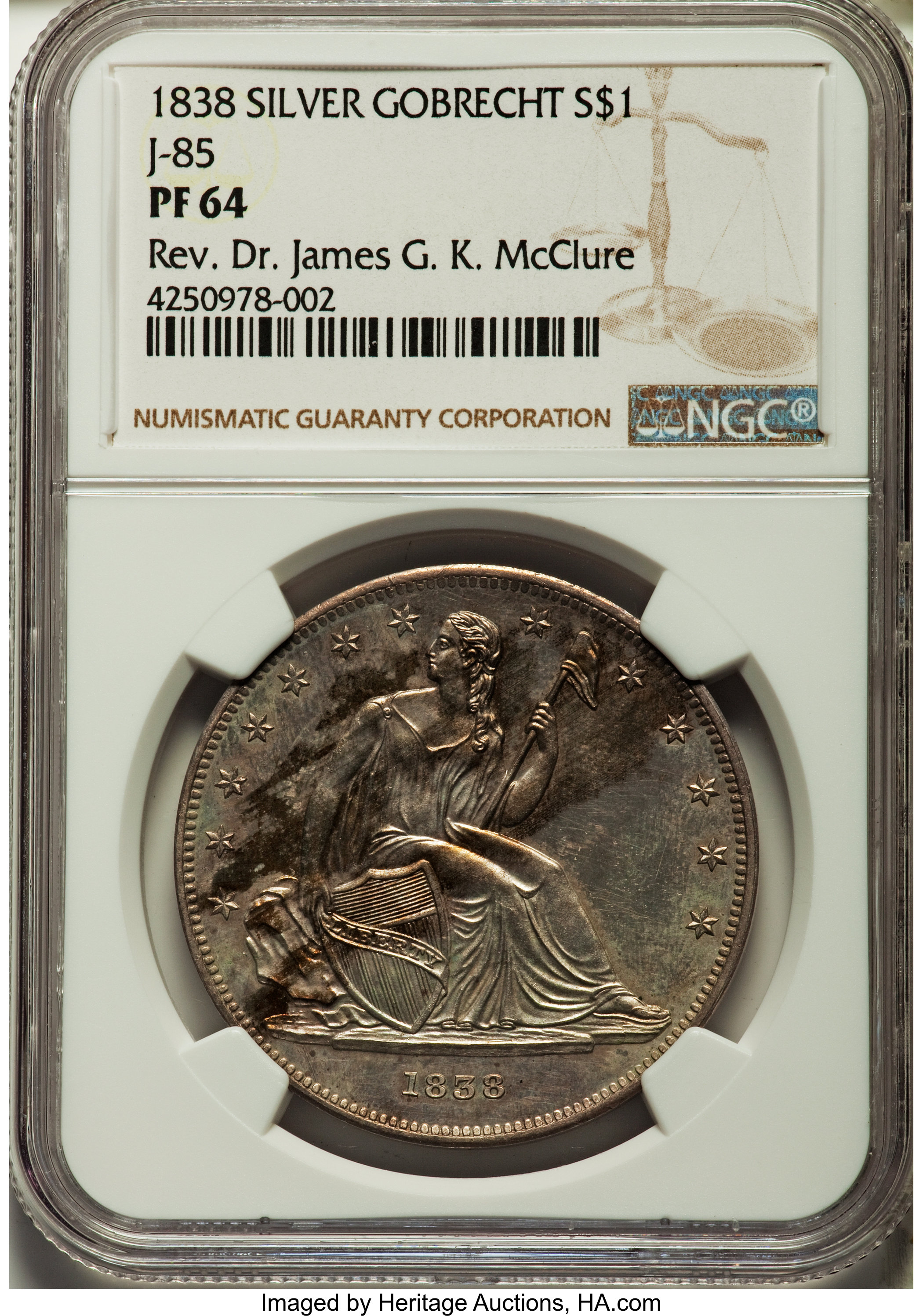 image for: 1838 P$1 Name Omitted, Judd-85 Restrike, Pollock-94, High R.7, PR64 NGC....