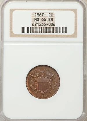 image for: 1867 2C MS66 Brown NGC. NGC Census: (4/0). PCGS Population (0/0). Mintage: 2,938,750. Numismedia Wsl. Price for problem fre...