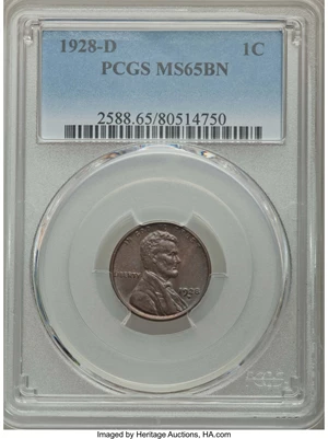 image for: 1928-D 1C MS65 Brown PCGS. PCGS Population (13/0). NGC Census: (15/2). Mintage: 31,170,000. Numismedia Wsl. Price for probl...