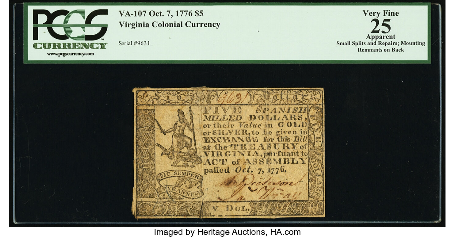 image for: Virginia October 7, 1776 $5 PCGS Apparent Very Fine 25....